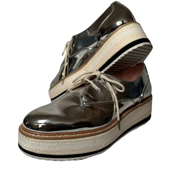 Zara Size 9 Metallic Silver Platform Oxford Brogues - Stunning Mirror Finish - Picture 5 of 11